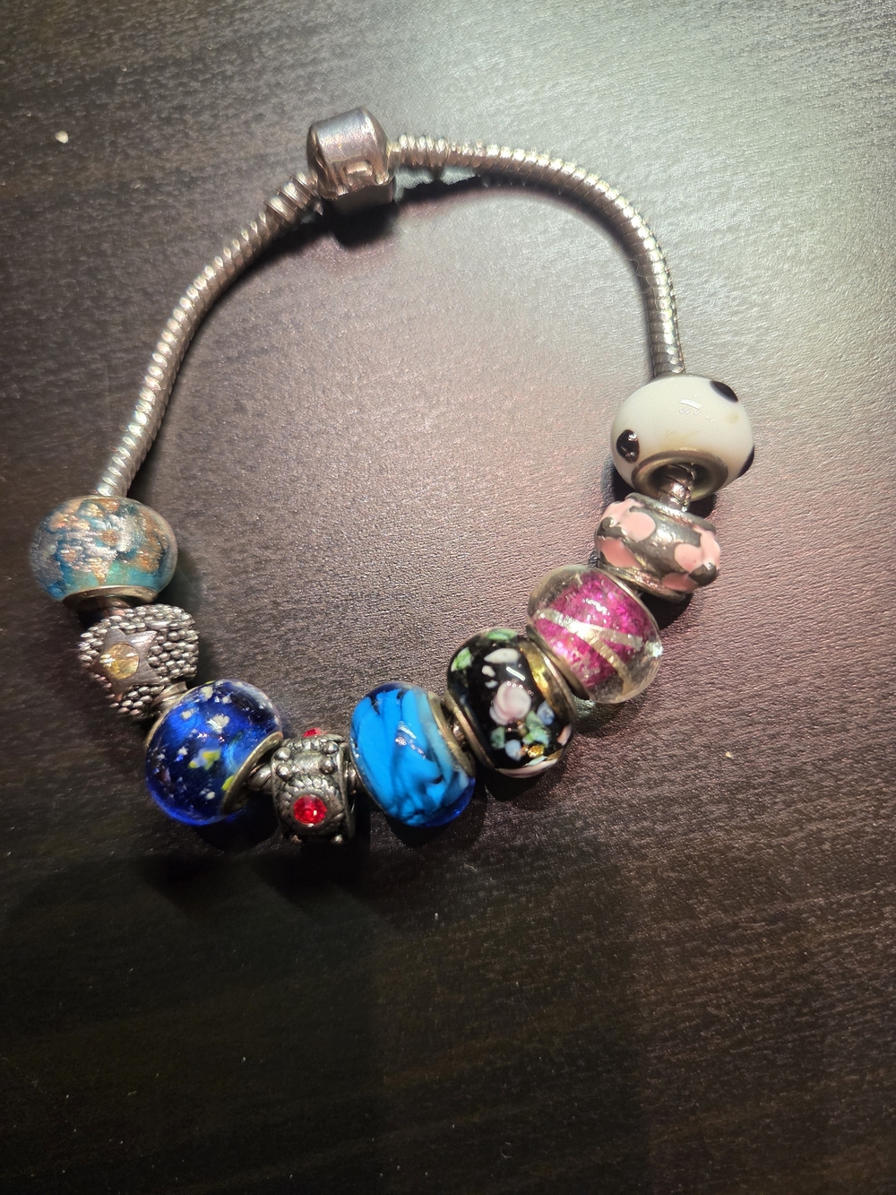 Silver Charm Bracelet with Blue, Pink and Multicolor Glass Beads